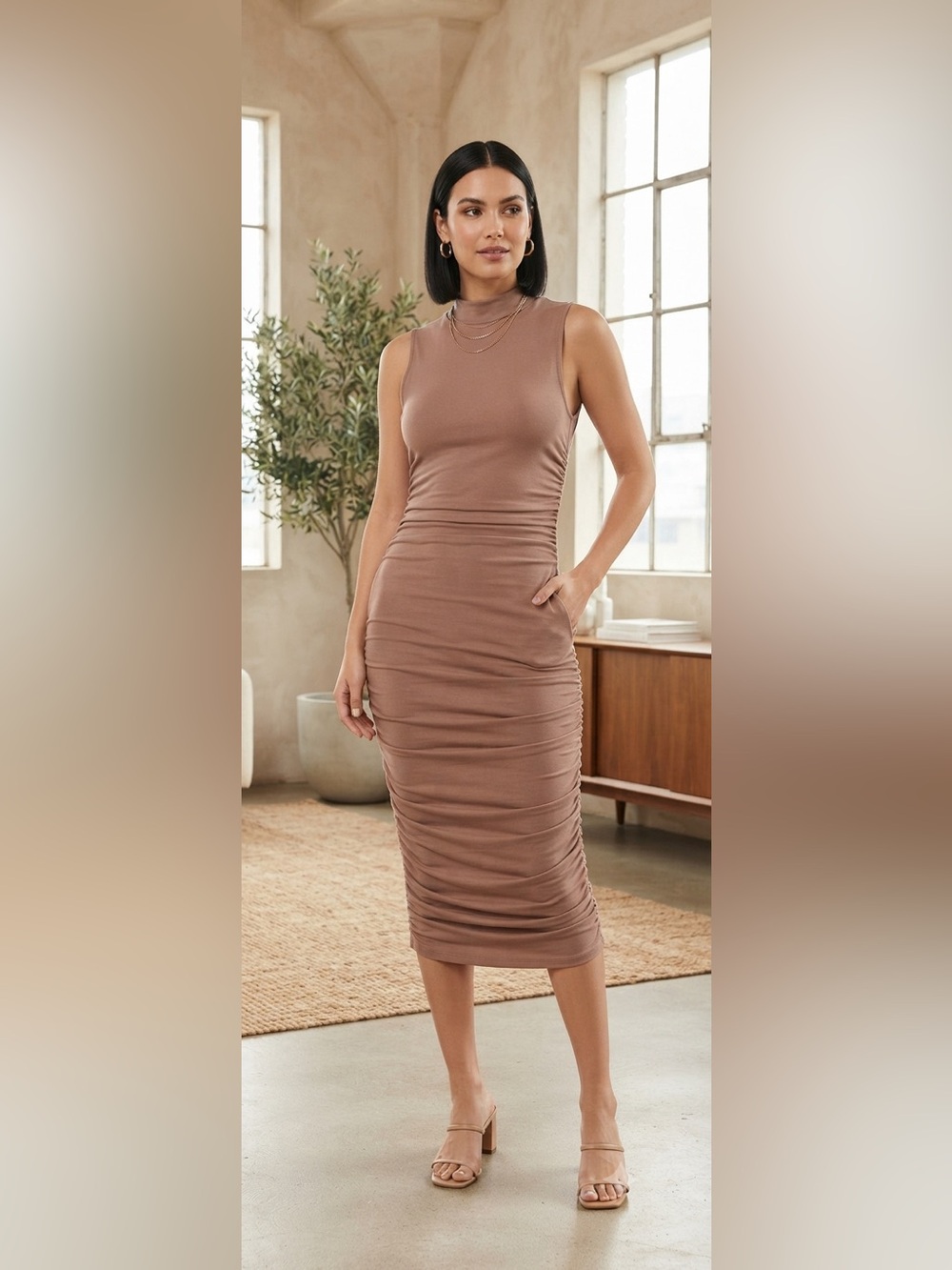 Sleeveless Ruched Midi Dress in Mauve Taupe